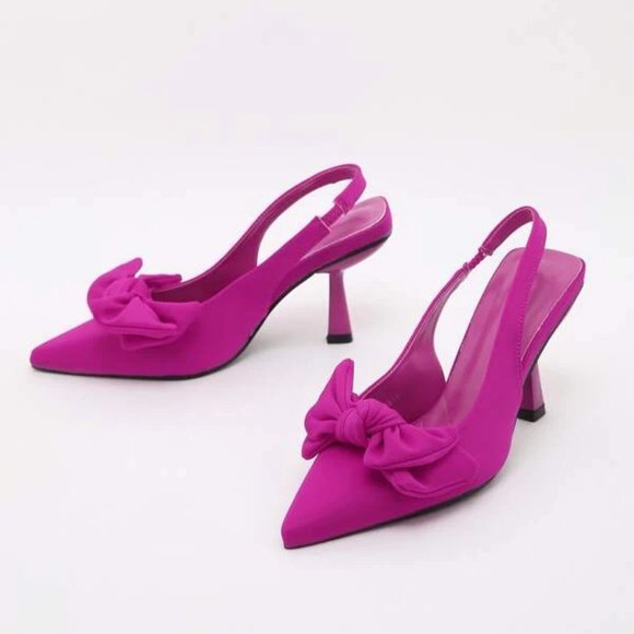 Pink Bow Detail Slingback Classy High Heeled Pumps - Picture 4 of 6